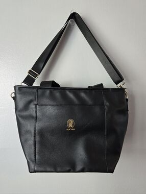 Eco One New York Black Faux Leather Insulated Lunch Bag Tote Gold Logo
